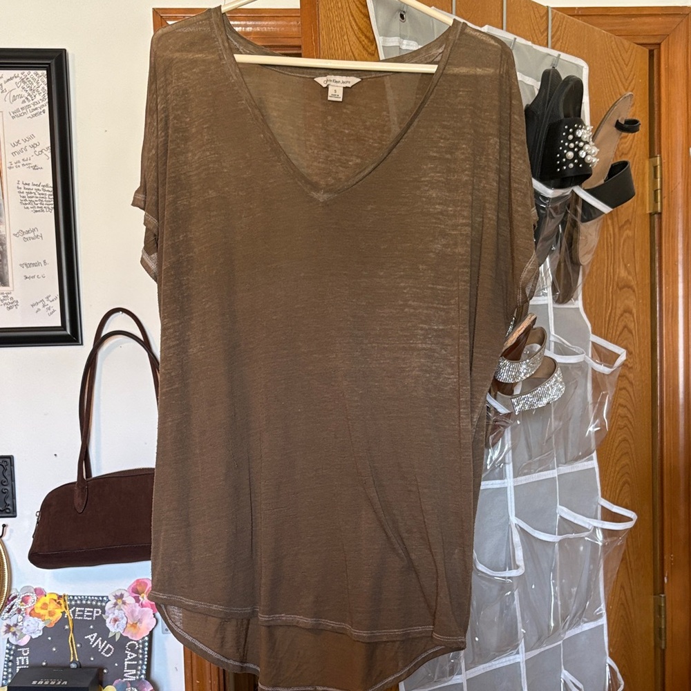 Calvin Klein Jeans Semi-Sheer V-Neck Tunic in Brown